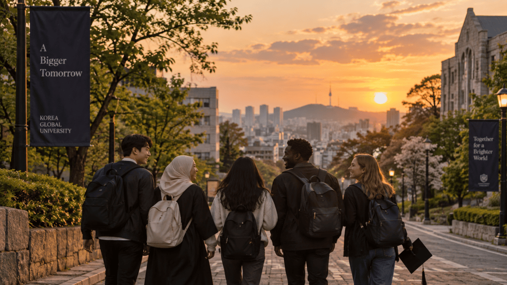 Five students walking together on a university campus during sunset, with a view of a city skyline in the background and banners displaying university slogans.