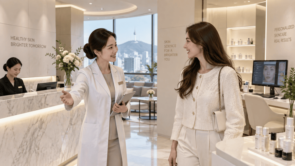 A skincare clinic interior with a smiling consultant in a white lab coat talking to a client. The client, dressed in a light-colored outfit, appears engaged in the conversation. In the background, another staff member is at the reception, and various skincare products are displayed on shelves.