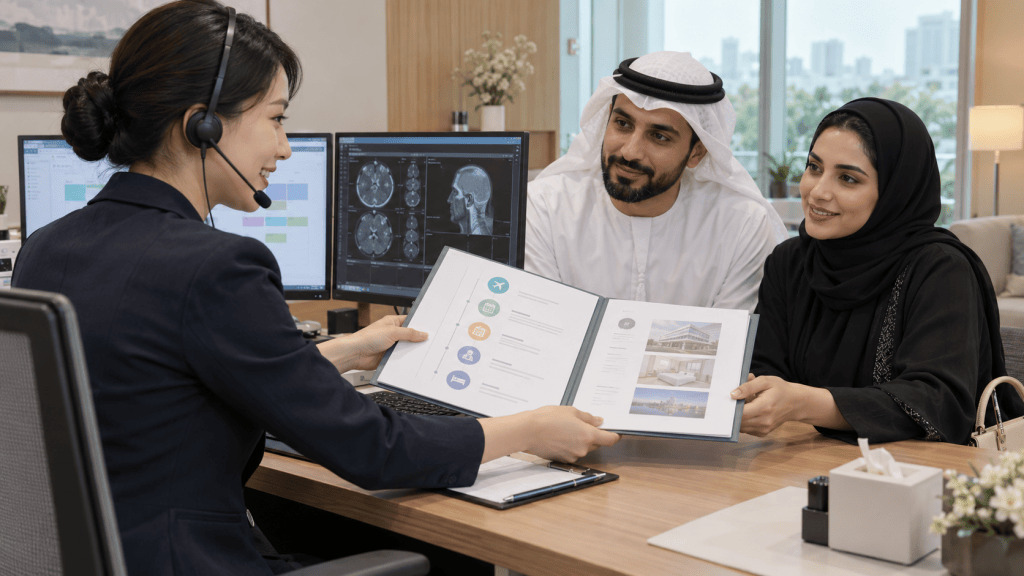 A woman wearing a headset presents a document to a couple at a desk in an office setting, with computer screens in the background displaying medical images.
