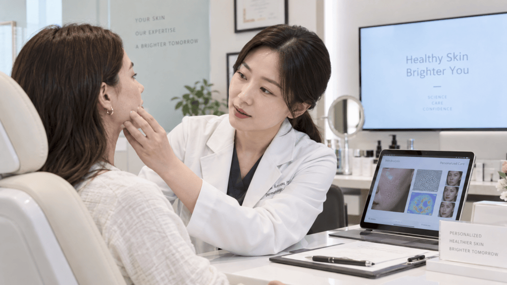 A dermatologist in a white coat examines a woman's face in a modern clinic, with a laptop displaying skin analysis and personalized care options in the foreground.