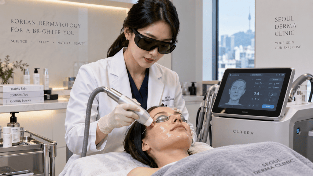 A dermatologist in a white coat and sunglasses uses advanced skin treatment equipment on a patient receiving a facial procedure at Seoul Derma Clinic.
