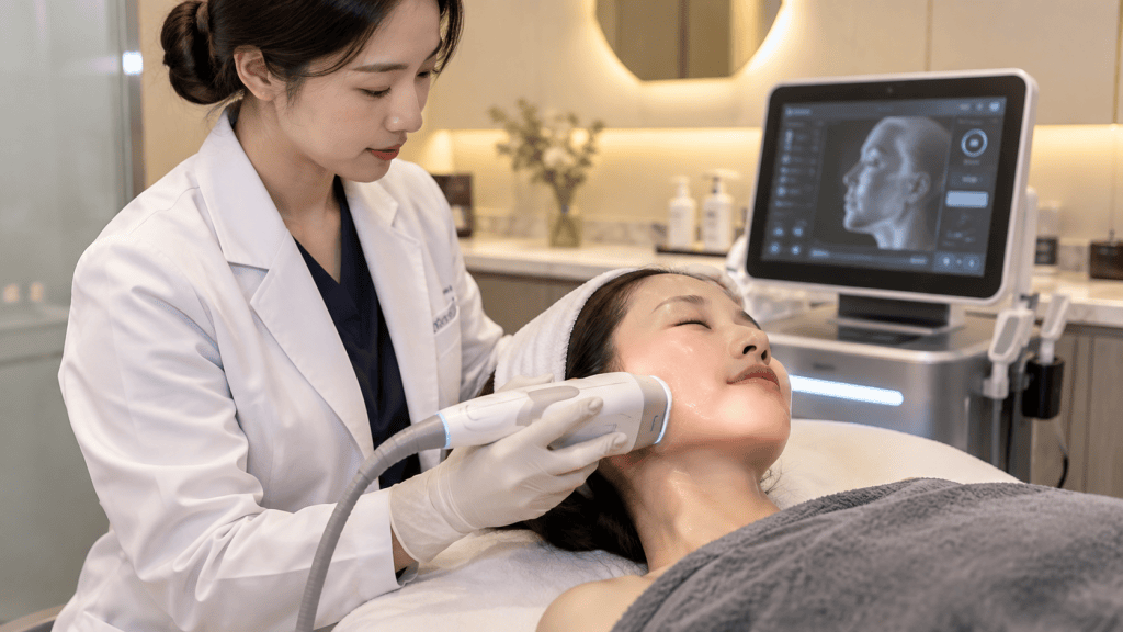 A dermatologist performing a facial treatment on a client using a handheld device, with a skin analysis screen in the background.