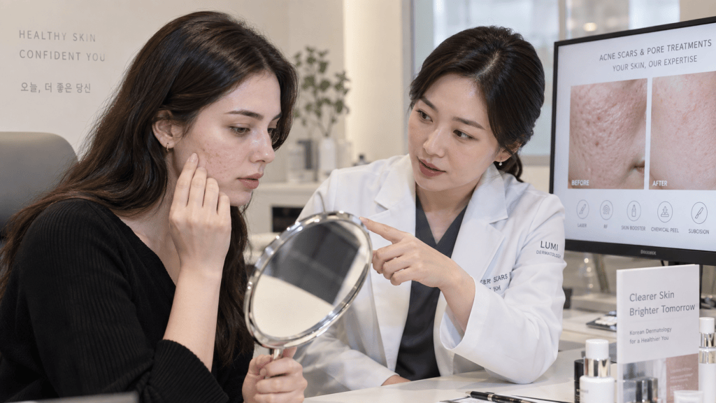 A woman examines her skin while using a handheld mirror, with a dermatologist explaining skin treatment options in a modern clinic setting.