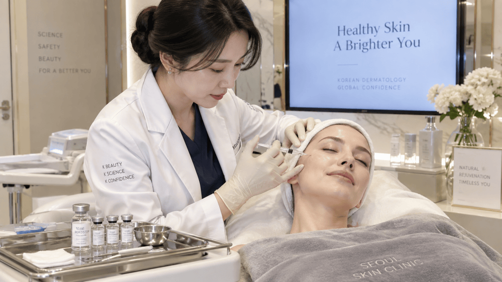 A dermatologist administers a cosmetic treatment to a patient in a modern skincare clinic, with a display screen promoting healthy skin and confidence in the background.