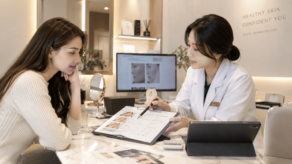 A female dermatologist consults with a client in a modern skincare clinic. The dermatologist is pointing at a document while discussing treatment options, and the client appears engaged and interested.