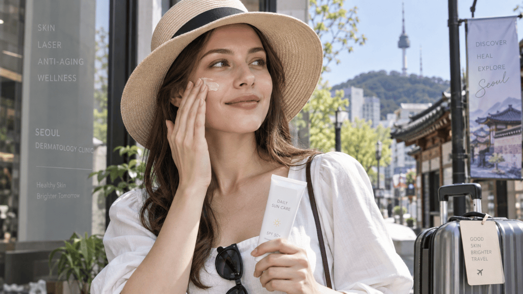 A woman applying sunscreen on her face while smiling, wearing a wide-brimmed hat, in an outdoor setting with a glimpse of a cityscape and a suitcase beside her.