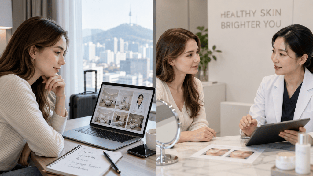 A split image showing a woman looking at a laptop displaying skincare options and another woman consulting with a skincare professional in a clinic.