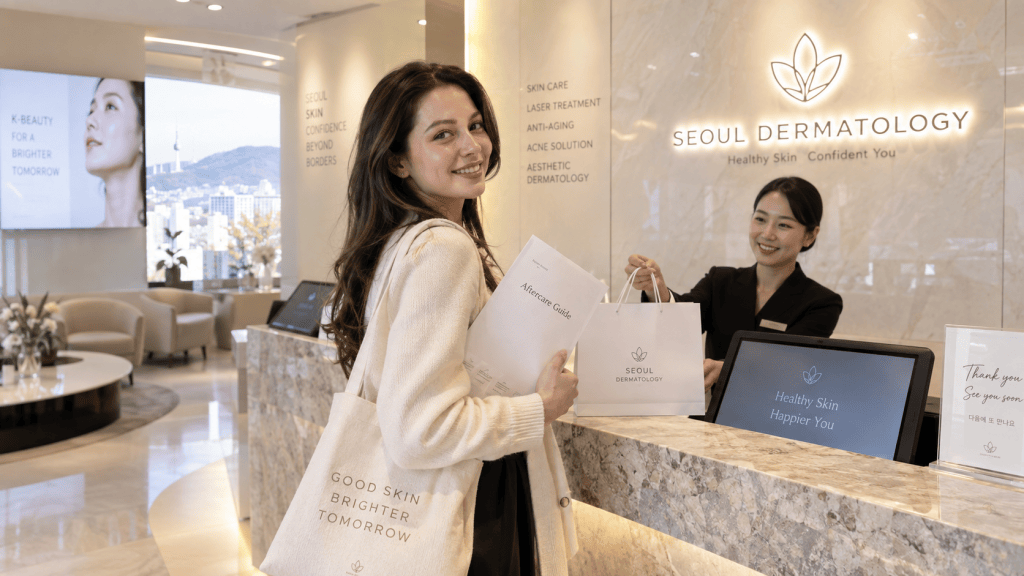 A smiling woman at a dermatology clinic reception desk, carrying a tote bag and holding consultation materials, while speaking with a staff member behind the counter.