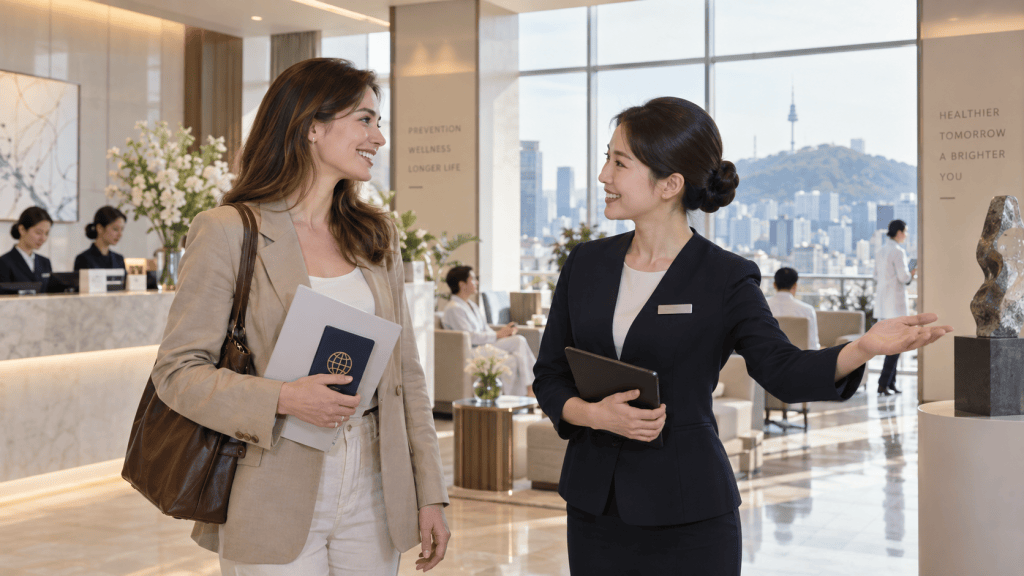A woman in a beige suit holding a document and a passport smiles at a staff member in a dark blue suit who is pointing towards a scenic view of a city skyline with mountains in the background. The reception area features modern decor and a welcoming atmosphere.