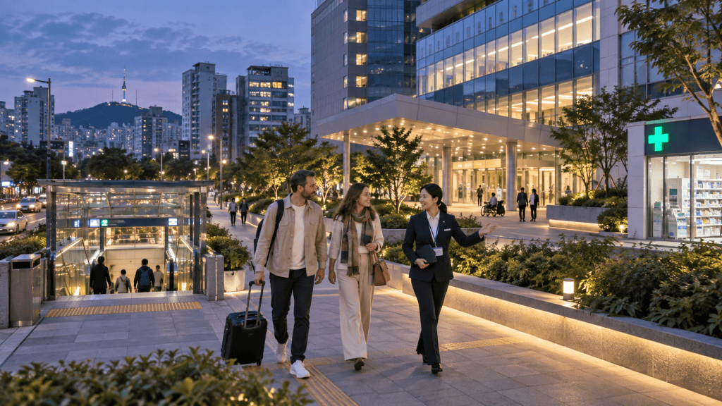 Three people walking outside a modern building at dusk, with city skyscrapers in the background and Seoul Tower visible on a hill.