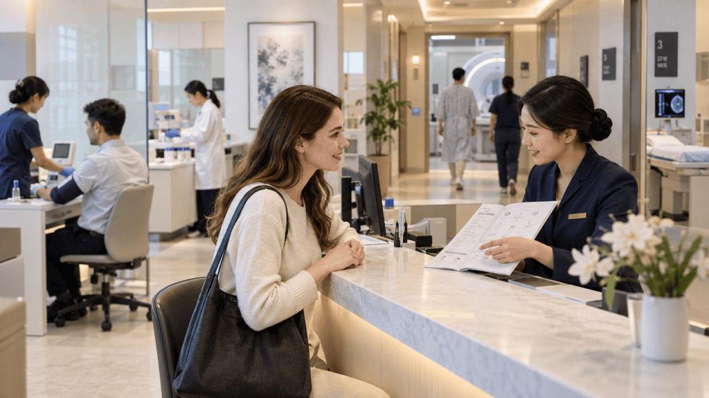 A woman sits at a reception desk talking to a staff member while reviewing a brochure. In the background, medical professionals assist patients in a modern clinic setting.