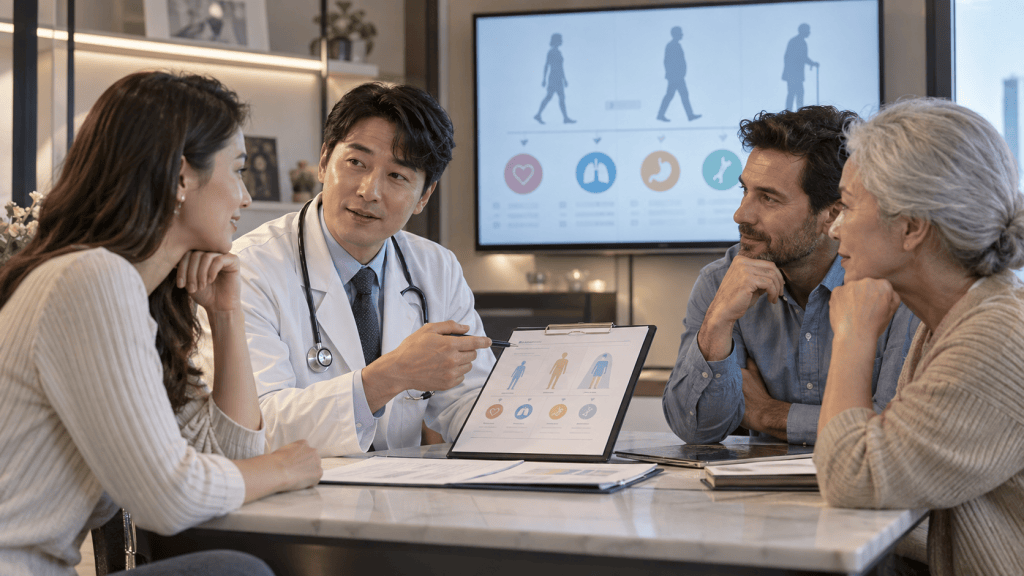 A doctor in a white coat discusses medical information with three patients at a table, while pointing to a document and a digital screen displaying health-related icons and graphics.