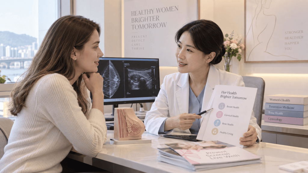 A healthcare professional discussing women's health with a patient in an office setting, showcasing a breast model and health pamphlets.