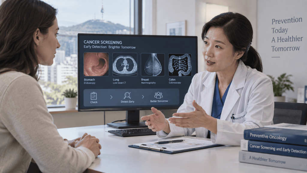 A doctor in a white coat discusses cancer screening options with a patient in a consultation room, with a computer screen displaying various cancer screening types like stomach endoscopy and lung CT.