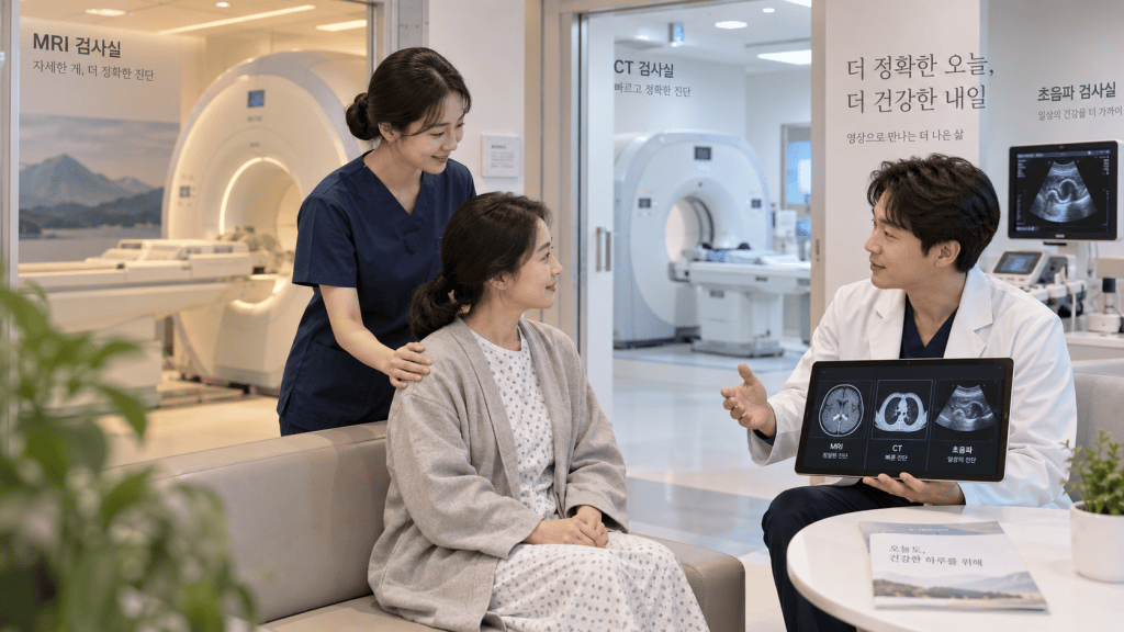 A doctor showing medical images on a tablet to a female patient while a nurse stands behind her, providing support, in a modern medical facility with MRI and CT scanning equipment visible in the background.