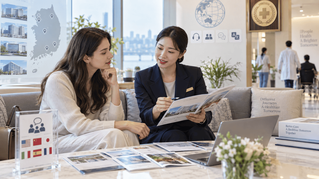 Two women engaging in a discussion in a modern office setting, reviewing a brochure together, with medical and travel-related visuals in the background.
