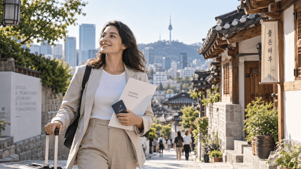 A woman walking with a suitcase in a traditional Korean village, holding documents while smiling, with modern skyscrapers and Namsan Tower in the background.