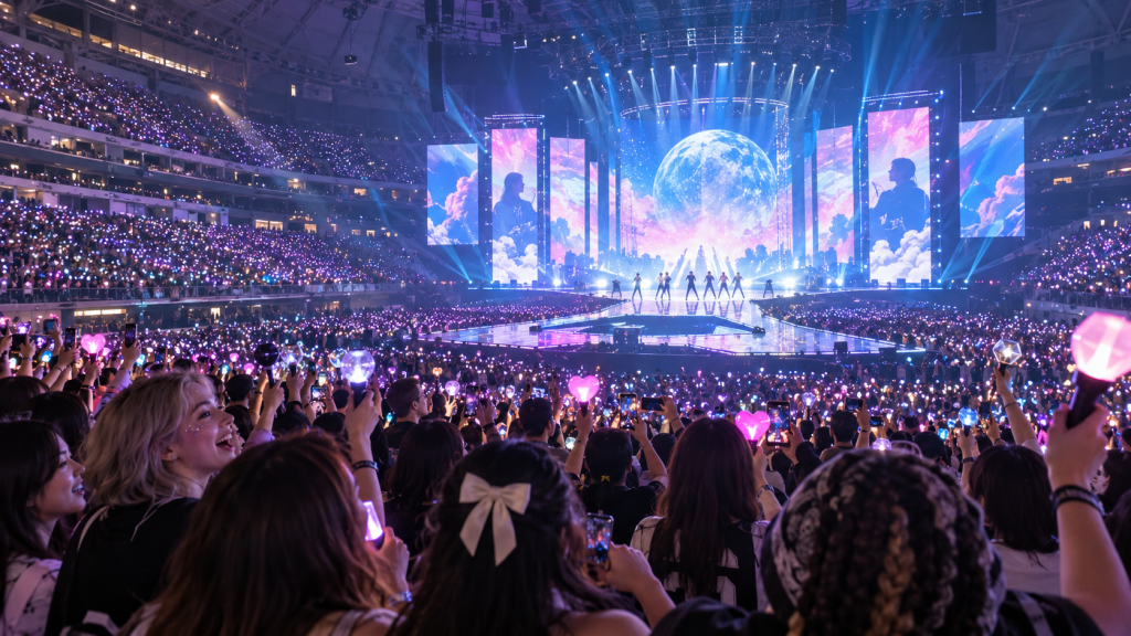A vibrant concert scene filled with fans holding light sticks in various colors, enjoying a performance on stage with bright lights and a large screen displaying a cosmic background.