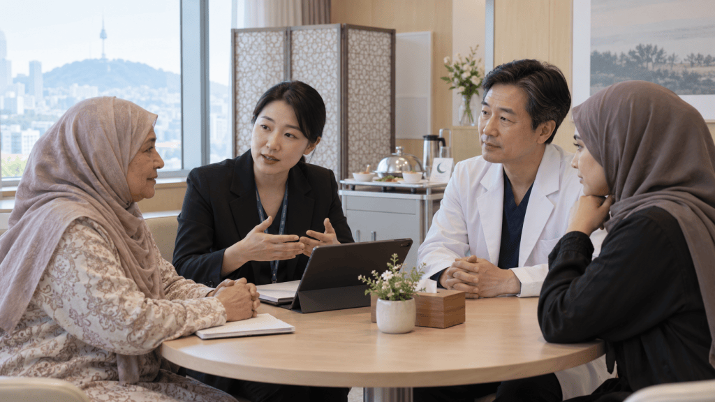 A diverse group of four individuals engaged in conversation around a table, with a view of a city skyline in the background. They are discussing in a professional setting, with one person dressed in a doctor's white coat.