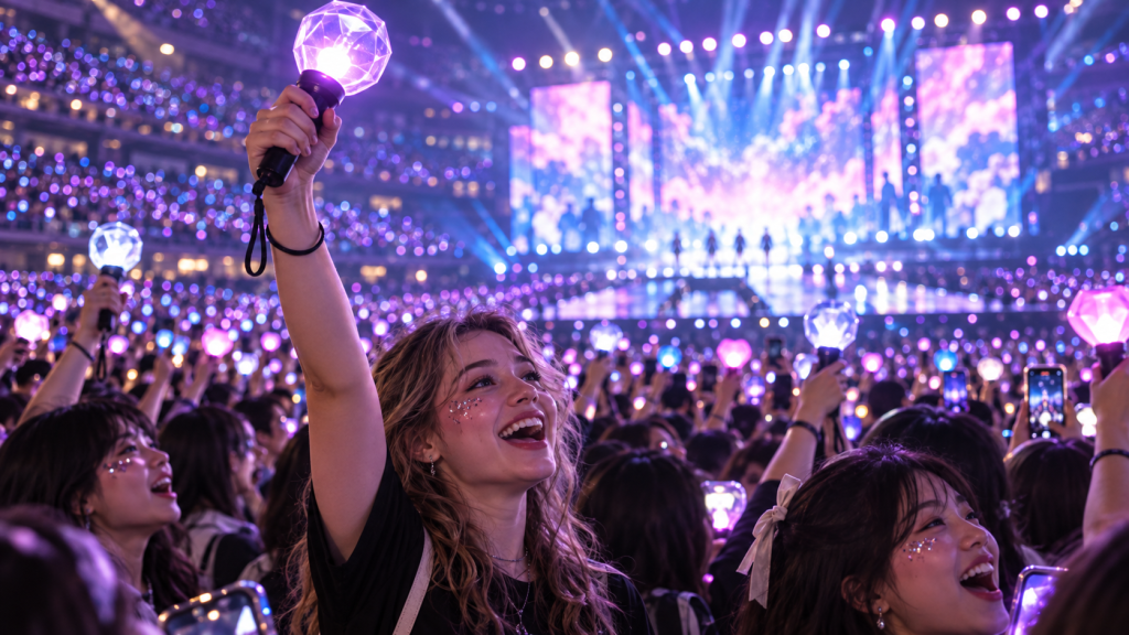 A lively concert scene with a large crowd holding light sticks, cheering and enjoying the performance. A young woman in the foreground raises her light stick excitedly, surrounded by fans with smiles and glitter on their faces, while a colorful stage lights up in the background.