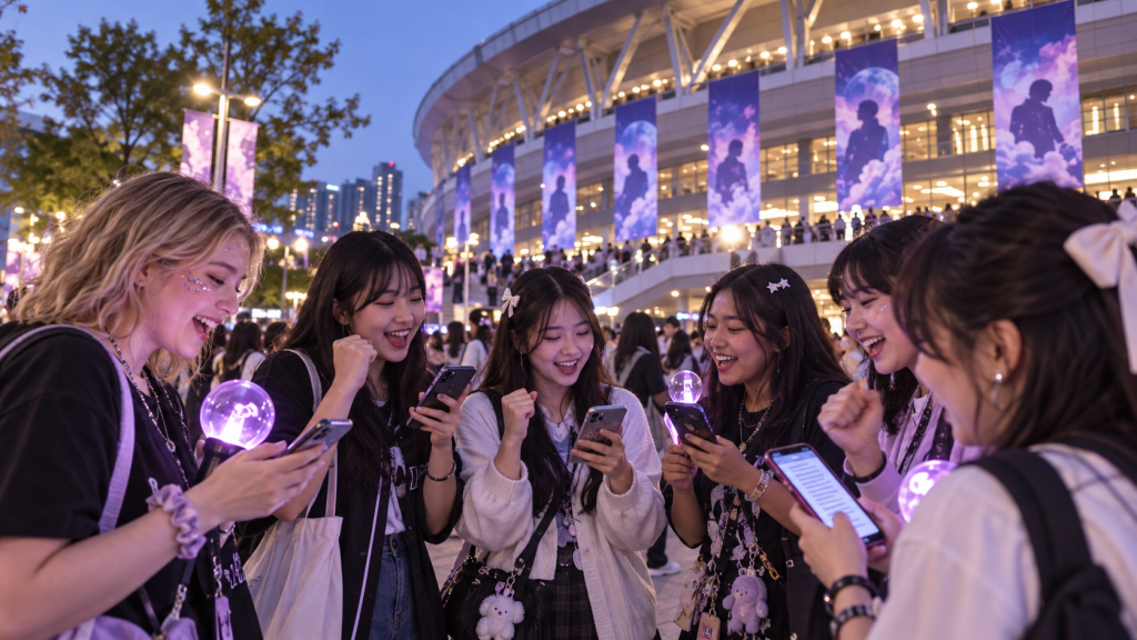 Group of excited fans holding lightsticks and smartphones, celebrating at an outdoor event with a lively atmosphere and illuminated venue in the background.