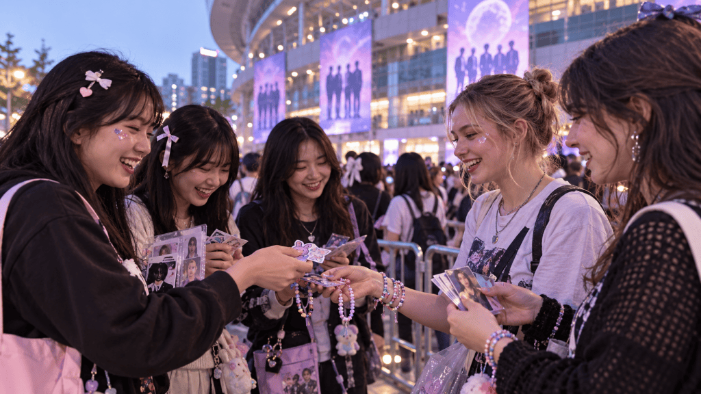 A group of five young women joyfully exchanging photo cards at an outdoor event, dressed in casual outfits adorned with accessories. They are surrounded by a crowd, with large promotional banners in the background.