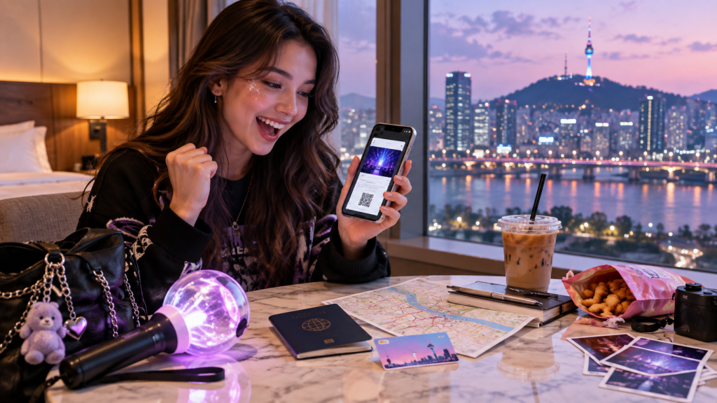 A young woman holds a smartphone displaying a QR code, smiling excitedly. She is seated at a table with a map, a camera, and snacks. A colorful light stick and her bag are also on the table, with a beautiful city skyline visible through the window.
