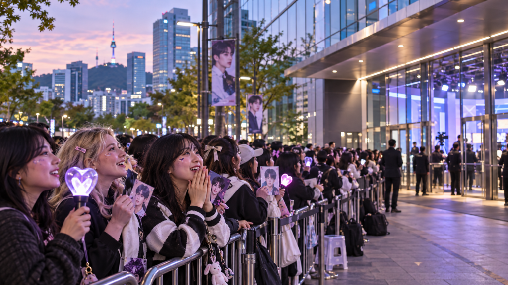 A crowd of enthusiastic fans lined up outside a modern building, holding light sticks and photos, with a skyline featuring a tower in the background during sunset.