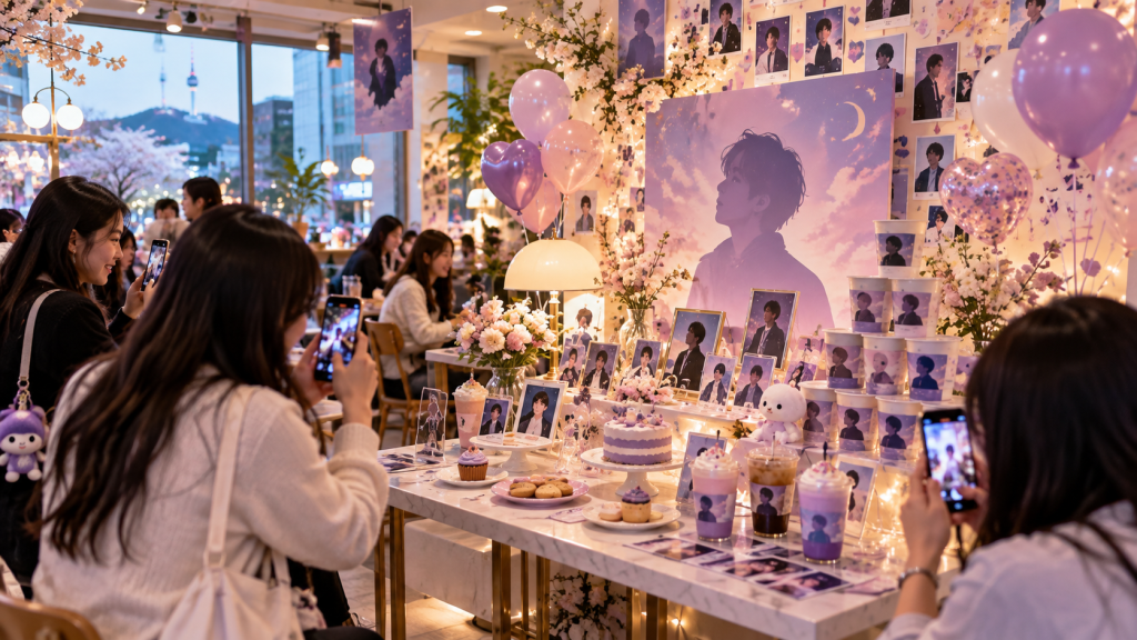 A vibrant café scene featuring fans photographing a decorated table with themed cakes, drinks, and photographs celebrating a celebrity, surrounded by floral arrangements and balloons.