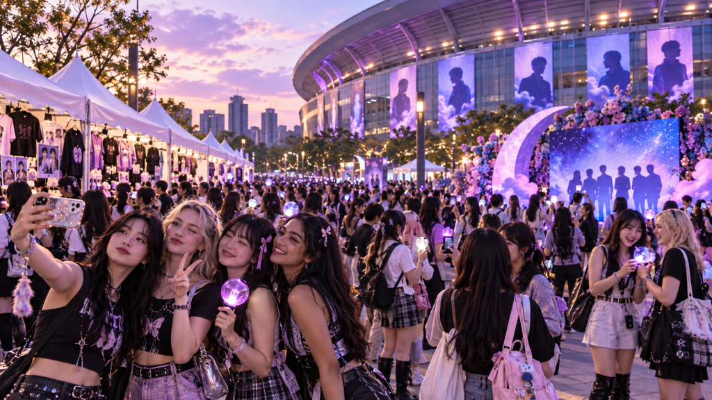 A lively outdoor event scene with fans taking selfies and holding lightsticks, surrounded by merchandise booths and a large crowd. The atmosphere features a colorful sunset backdrop and decorative displays with flowers and silhouettes.