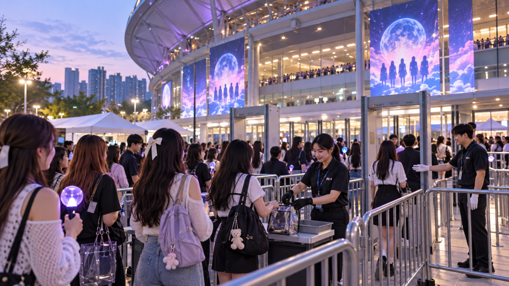 Fans waiting in line at a stadium entrance with security personnel checking bags, illuminated with colorful screens and twilight sky in the background.