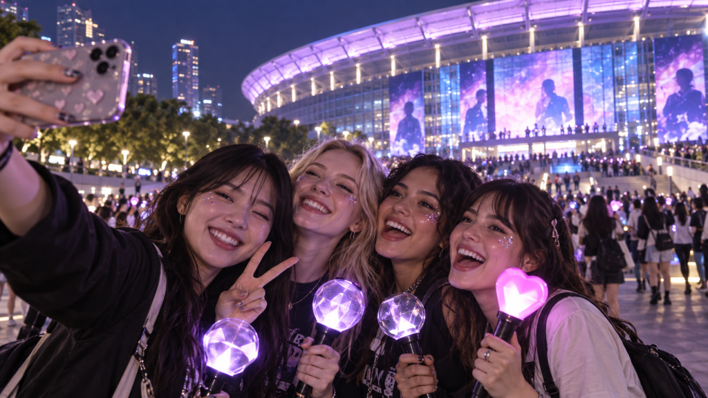 Four friends taking a selfie at a concert with vibrant lights and a large crowd in the background, each holding light sticks.