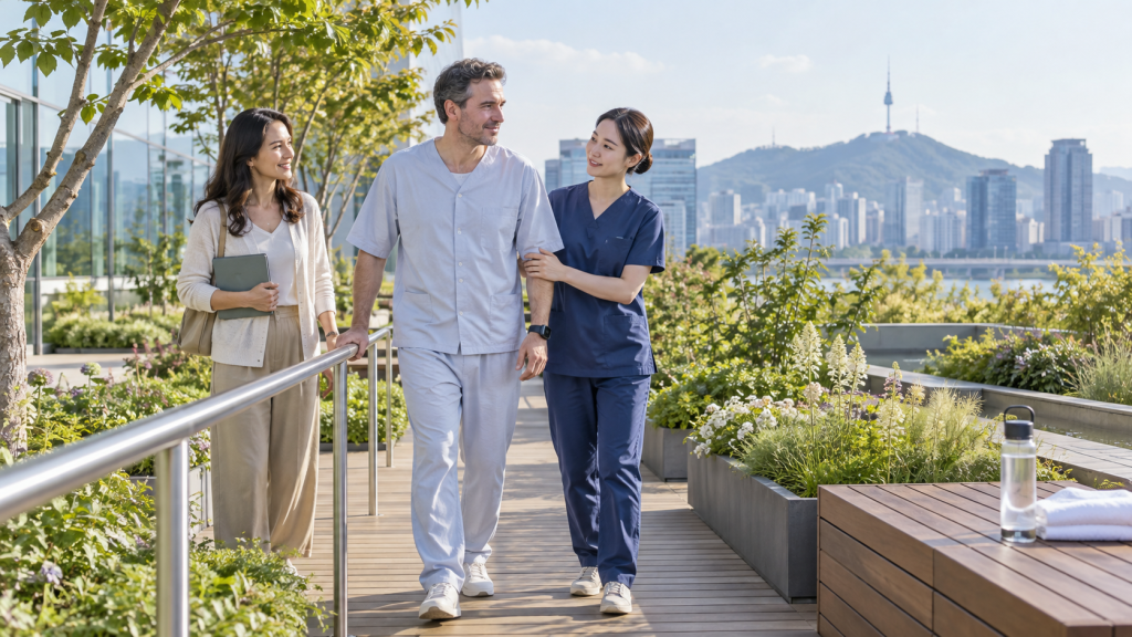 A male patient in light medical attire walks with a nurse in scrubs, while a woman carrying a folder accompanies them. They are on a landscaped balcony with a city skyline and mountains in the background.