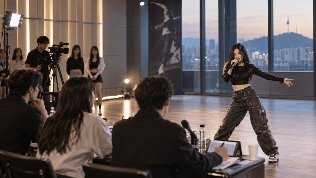 A female singer performing on stage with a microphone, wearing a black crop top and baggy pants, while a panel of judges observes her. In the background, city skyline and a landmark tower are visible through large windows.