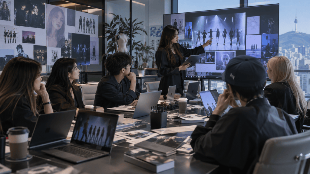 A business meeting with a diverse group of individuals focused on a presentation displayed on a large screen, showcasing images and graphics, in a modern conference room with city views.