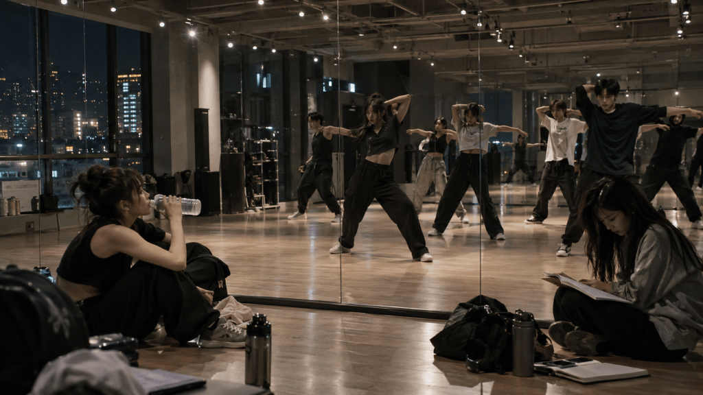 A dance studio scene at night, with a group of dancers practicing in the background while two individuals sit in the foreground—one drinking water and the other studying.