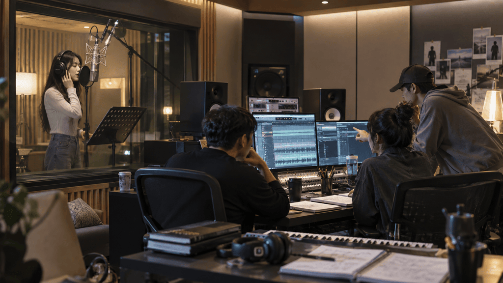 A singer recording in a sound studio with a microphone and headphones, while three individuals monitor the session on computers.