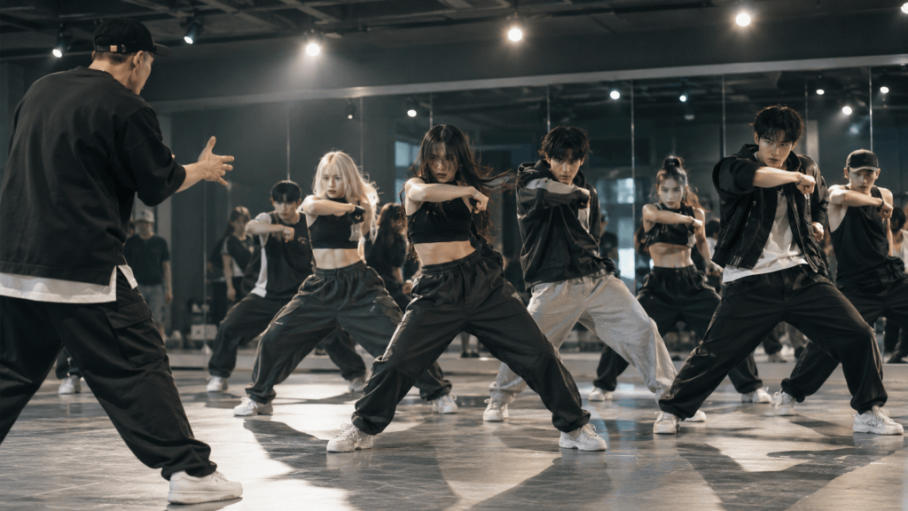A group of dancers performing synchronized choreography in a spacious dance studio, with a male instructor leading the class. The dancers are dressed in casual black and gray outfits, showcasing their movements against a mirrored wall.