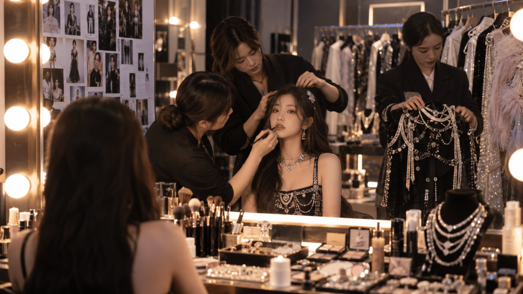 A beauty salon scene where a model is getting makeup applied by a stylist, with two other stylists preparing accessories and styling in a well-lit dressing room.