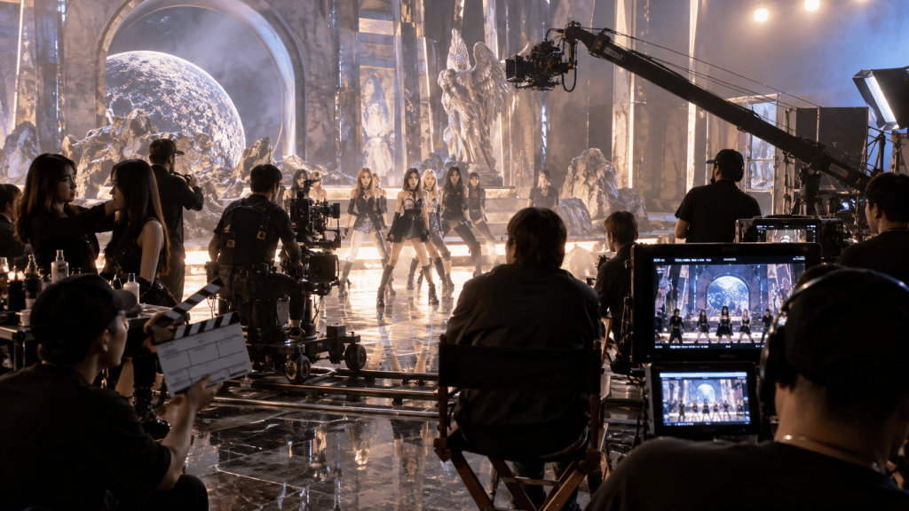 Behind-the-scenes view of a music video shoot featuring a group performing on stage, surrounded by crew members, cameras, and production equipment.