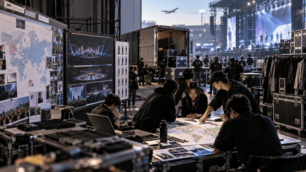 A production team collaborating around a table covered with maps and documents, with large screens displaying performance visuals in the background. The setting appears to be a concert venue preparing for an event, with clothing racks and equipment cases visible.