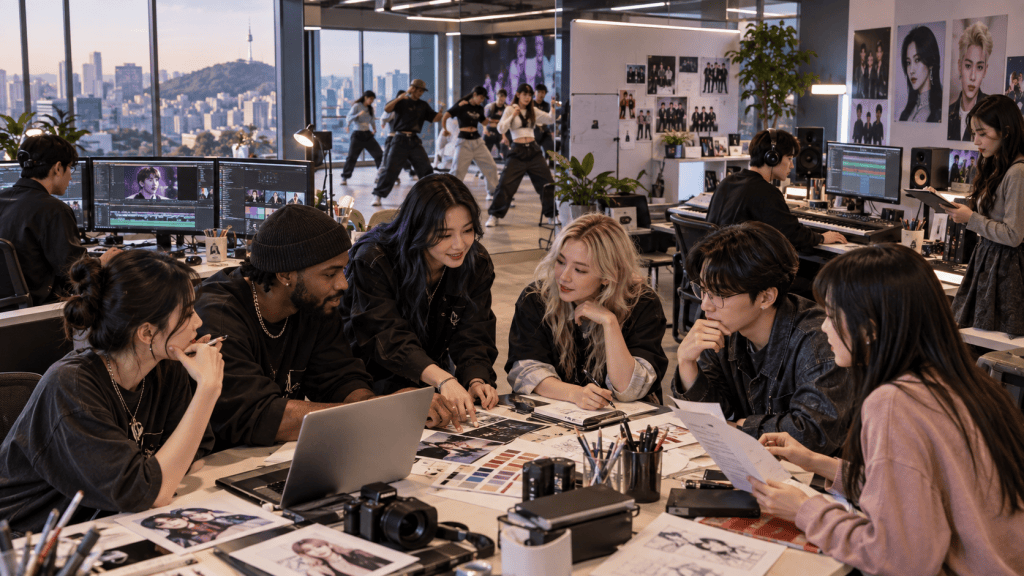 A creative workspace featuring a diverse group of people collaborating around a table with laptops, papers, and design materials, while a busy city skyline is visible through large windows. In the background, others are engaged in a dance practice.