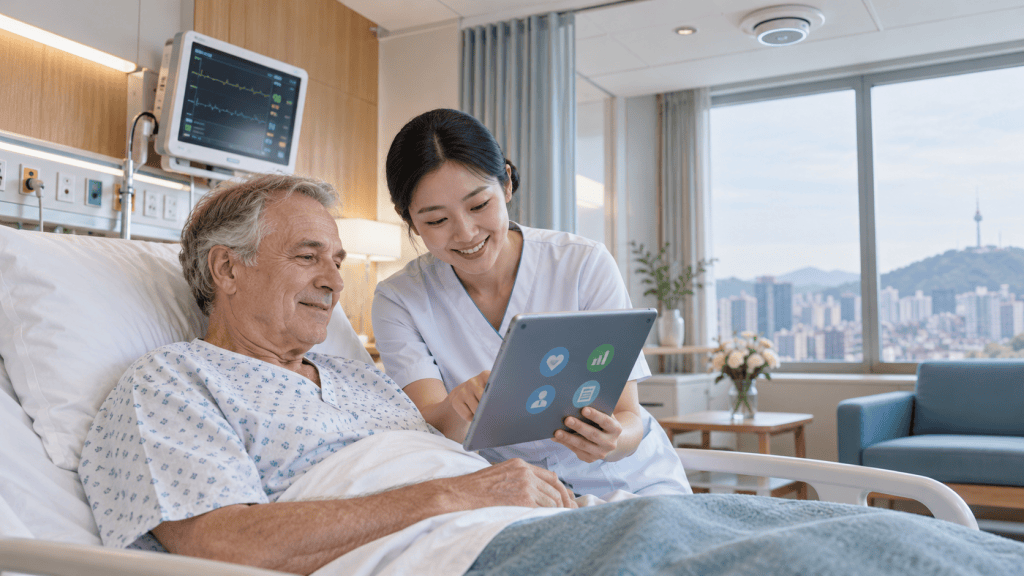 A nurse assisting an elderly patient in a hospital bed, both smiling as they look at a tablet together. The hospital room features medical equipment and a view of a cityscape outside the window.