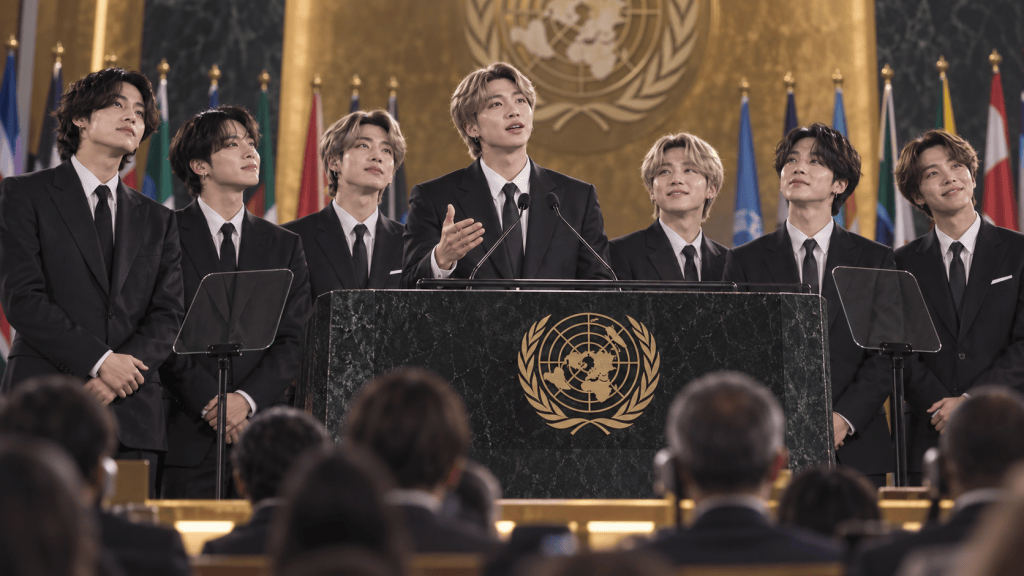 Seven young men in black suits stand on stage at the United Nations, with one speaking at a podium. They appear engaged and attentive, surrounded by flags of various countries.