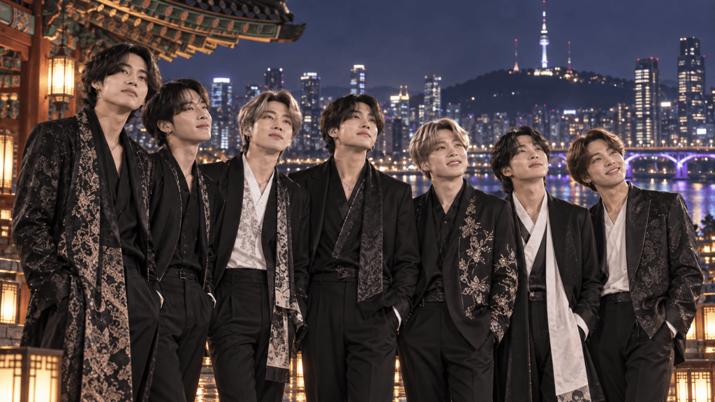 A group of seven men standing together, dressed in elegant dark outfits with intricate patterns, posed against a city skyline at night with traditional architecture and modern buildings in the background.