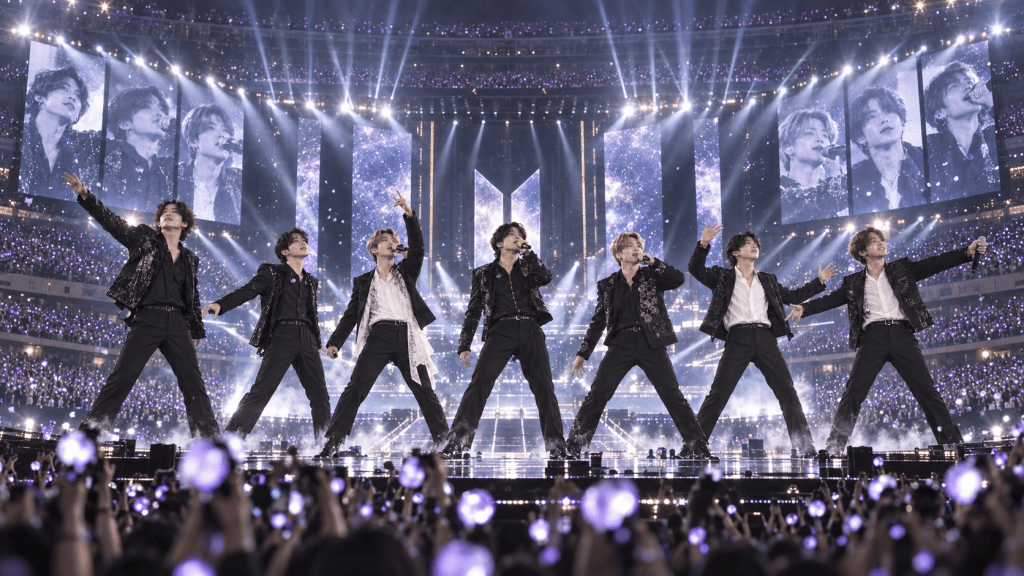 A group of seven performers on stage during a concert, surrounded by bright lights and a large audience holding glowing purple light sticks.
