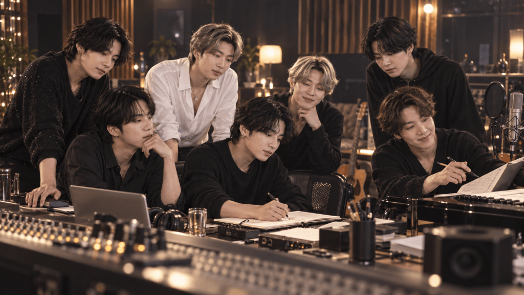 A group of seven individuals gathered in a music studio, deeply focused on a collaborative project. They are seated around a table with notebooks and equipment, showcasing a creative and collaborative atmosphere.