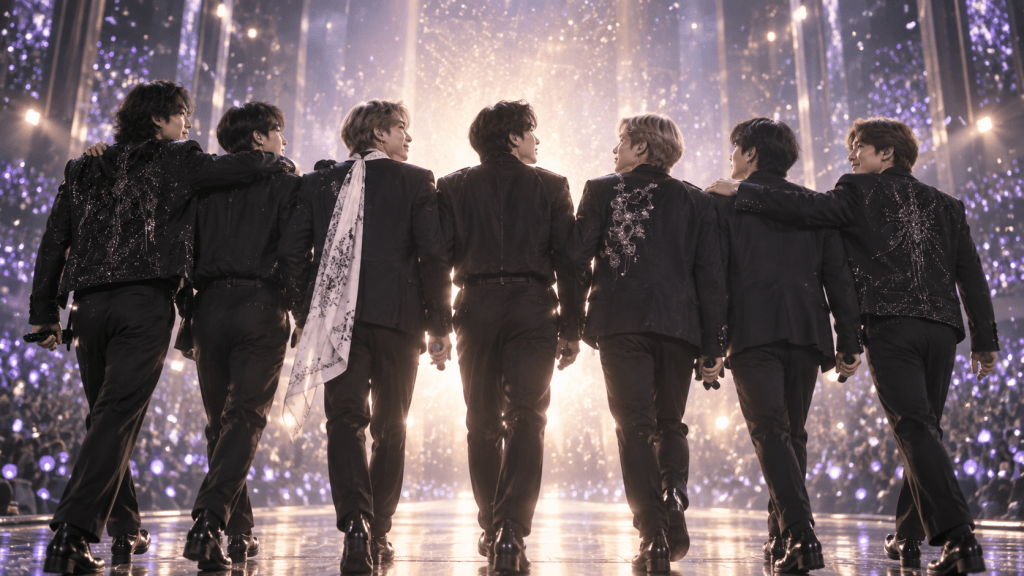 A group of seven performers standing with their backs to the camera, facing a bright, sparkling stage filled with lights. They are dressed in stylish black outfits with intricate designs, exuding a sense of unity and performance.