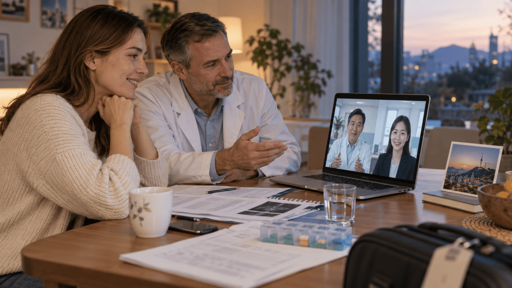 A woman and a doctor are engaging in a video consultation with two healthcare professionals displayed on a laptop screen, surrounded by documents and a cup of coffee on a table.
