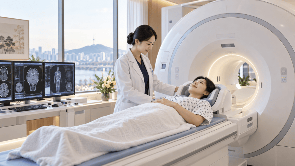 A medical professional comforting a patient lying on an MRI machine while monitors display brain scans in a modern healthcare facility.